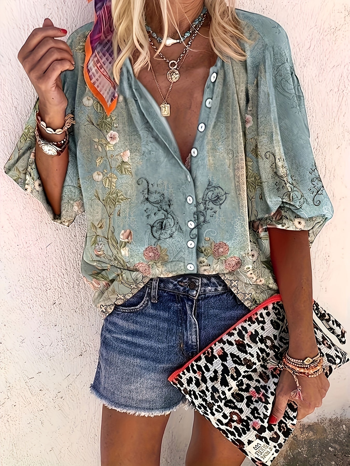  Floral Print Button Up Half Sleeve Top