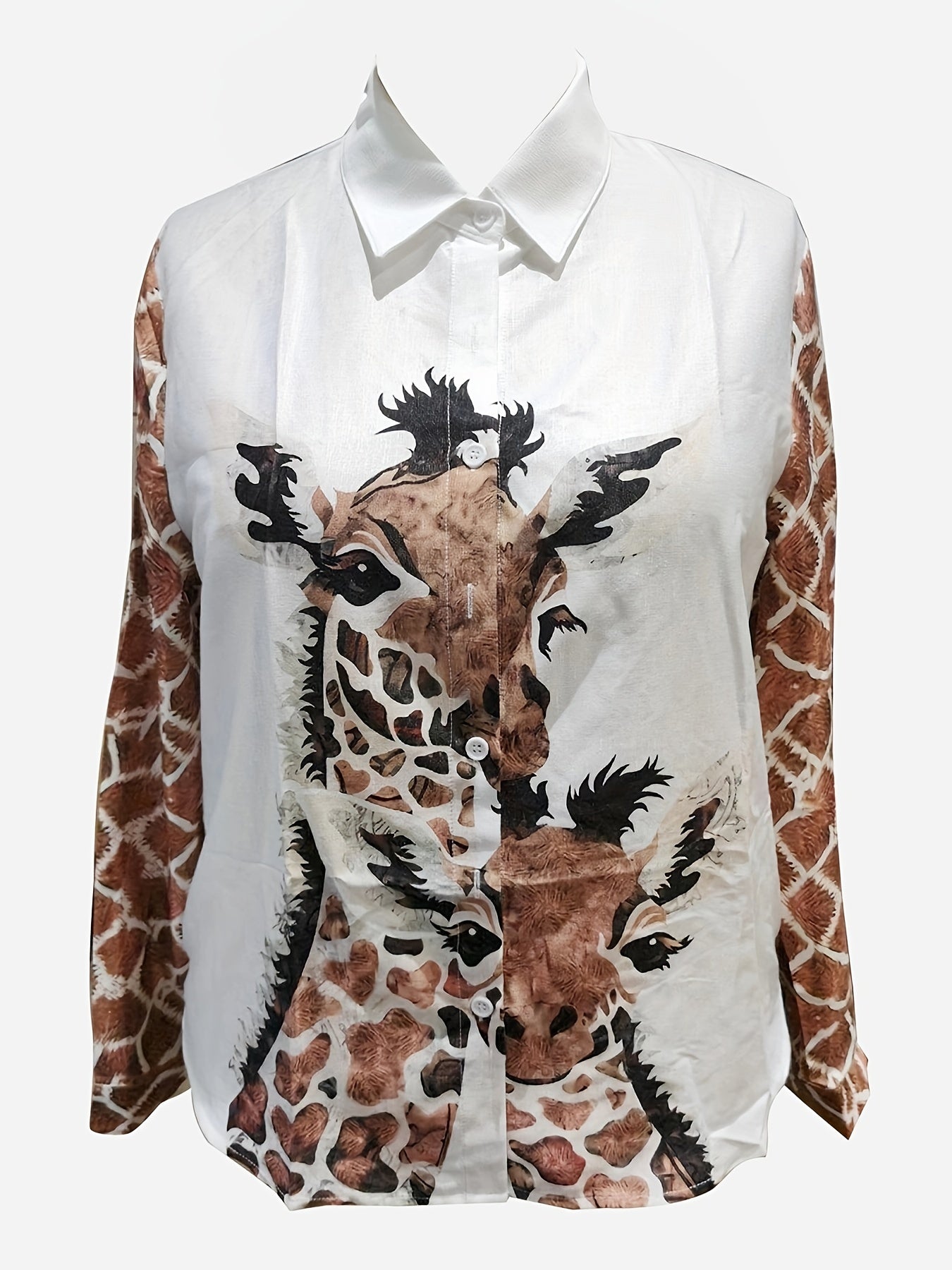  Cartoon Giraffe Print Button Up Long Sleeve Blouse