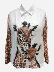  Cartoon Giraffe Print Button Up Long Sleeve Blouse