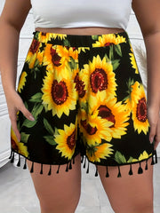  Sunflower Print Fringe Trim Wide Leg Shorts
