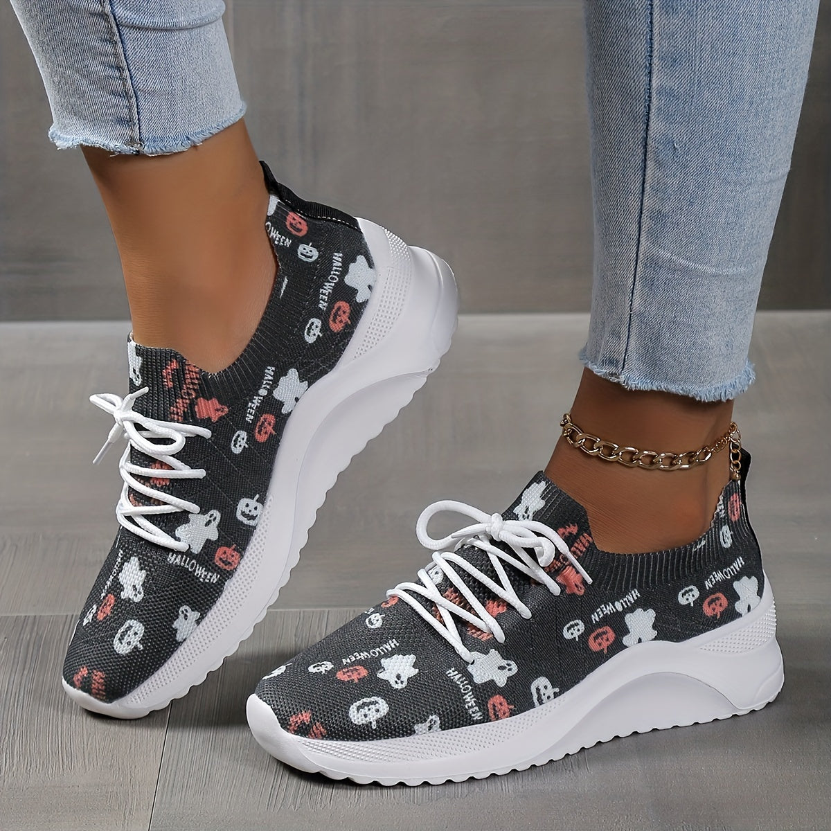 Halloween Pumpkin & Ghost Print Mesh Sneakers