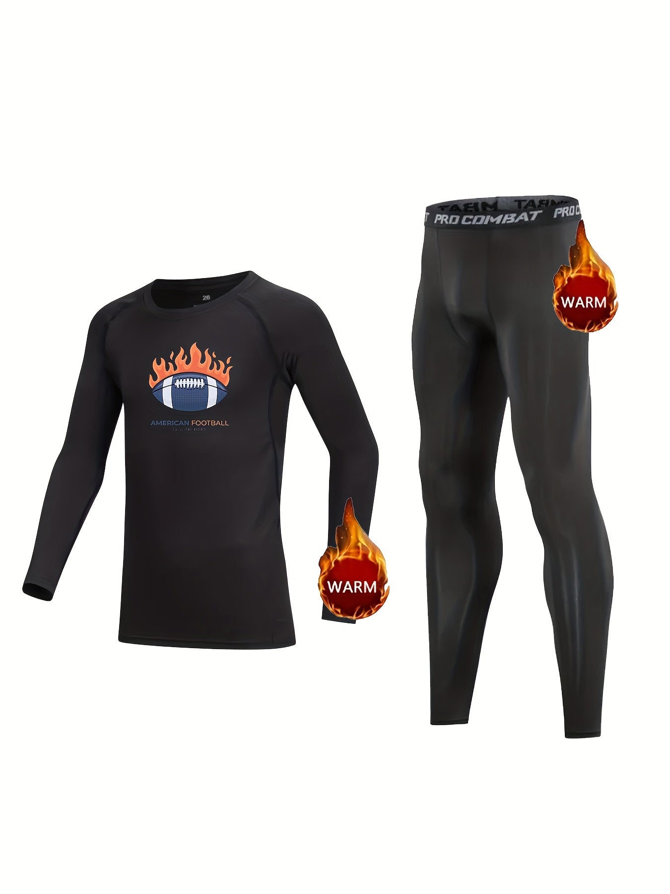 Kids Compression Fleece Sets Football Pattern Crew Neck Pullover Pants