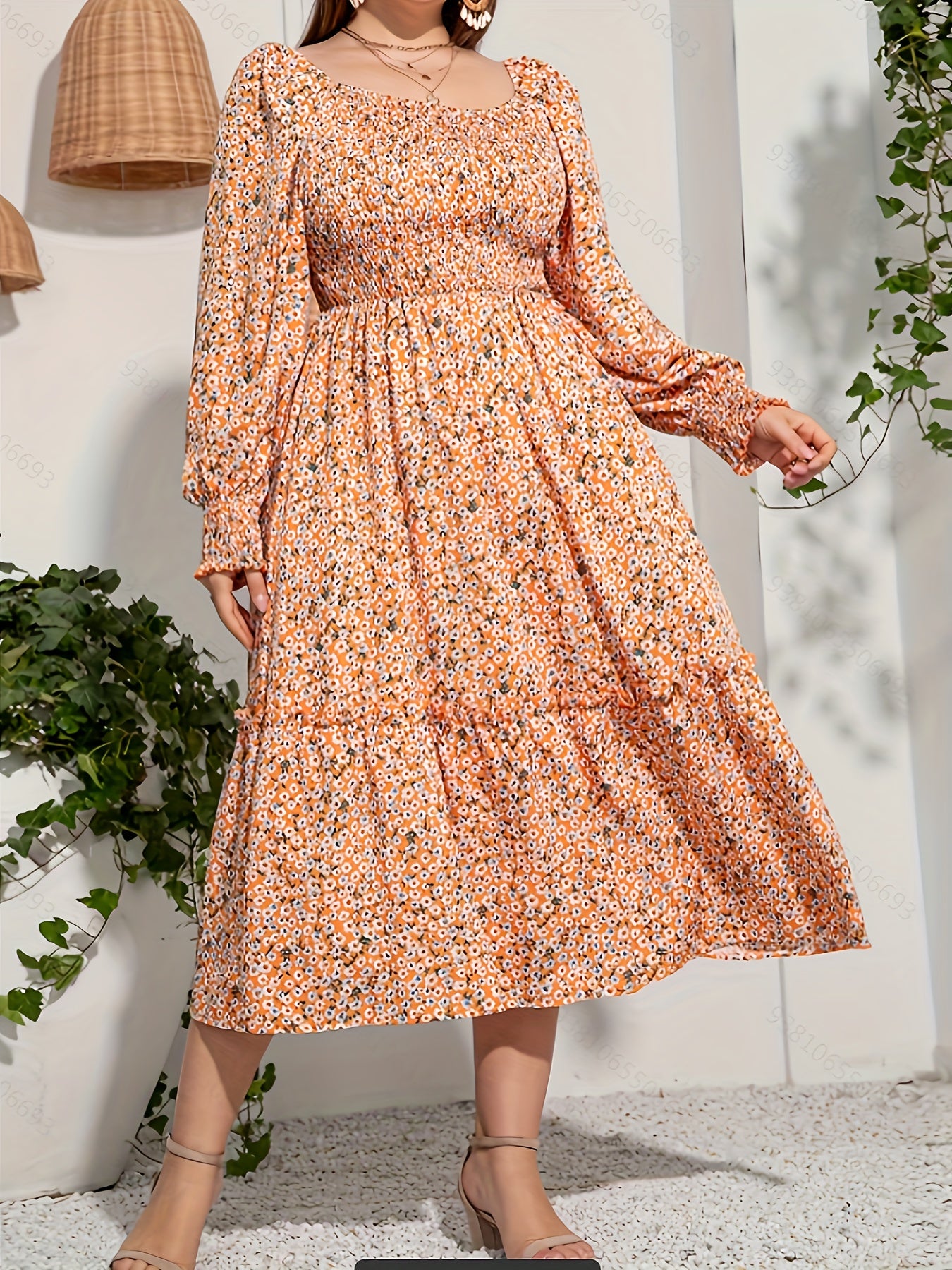  Floral Print Lantern Sleeve Midi Smock Dress
