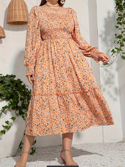  Floral Print Lantern Sleeve Midi Smock Dress