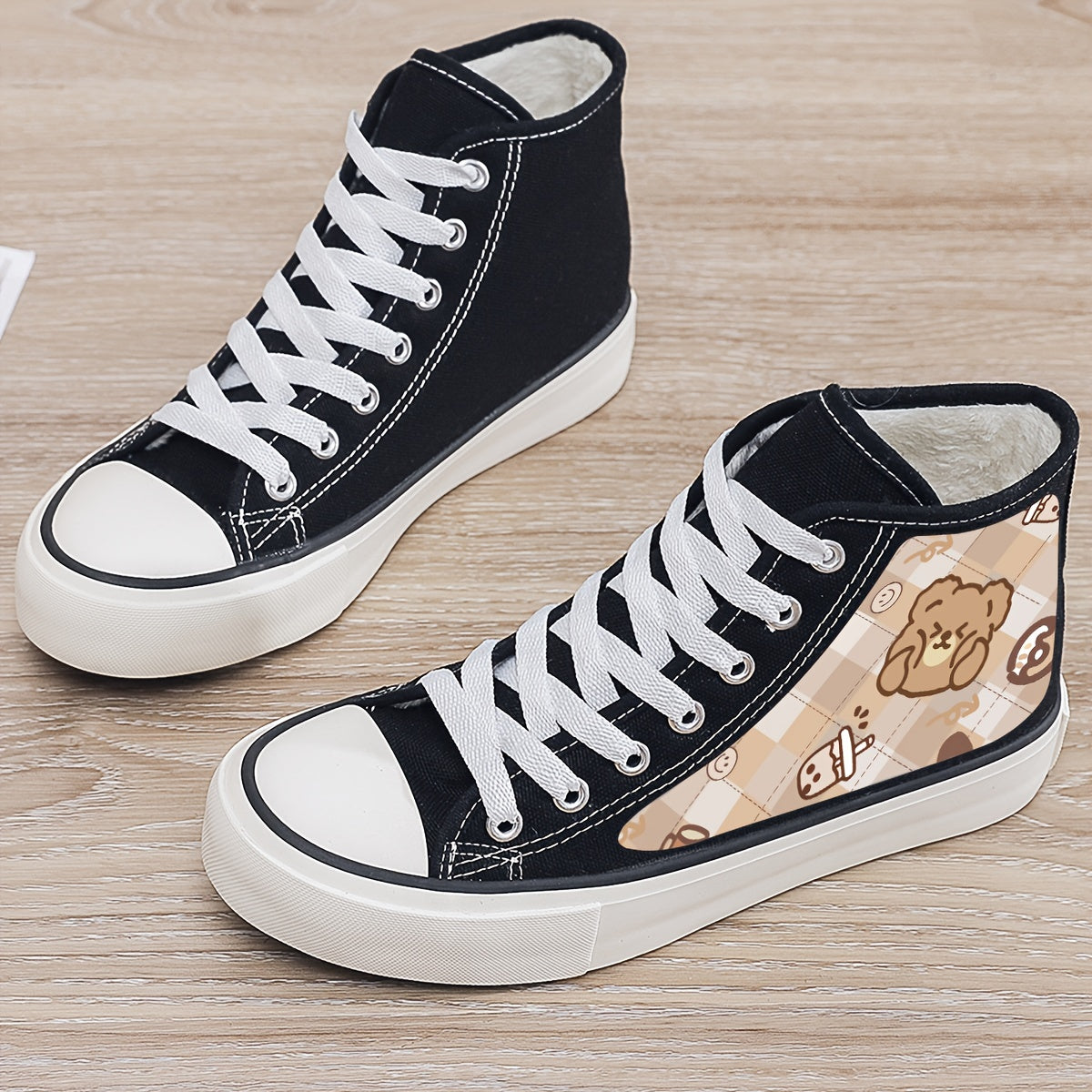 Bear Print Plush Lined Thermal Chunky Canvas Sneakers Flat Heighten