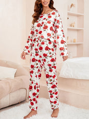 Red Rose Print Pajamas Sets Long Sleeve Top & Pants