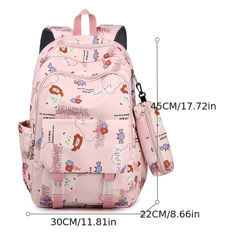 Large Capacity Backpack With Pen Bag Cartoon Bear Lightweight Waterproof