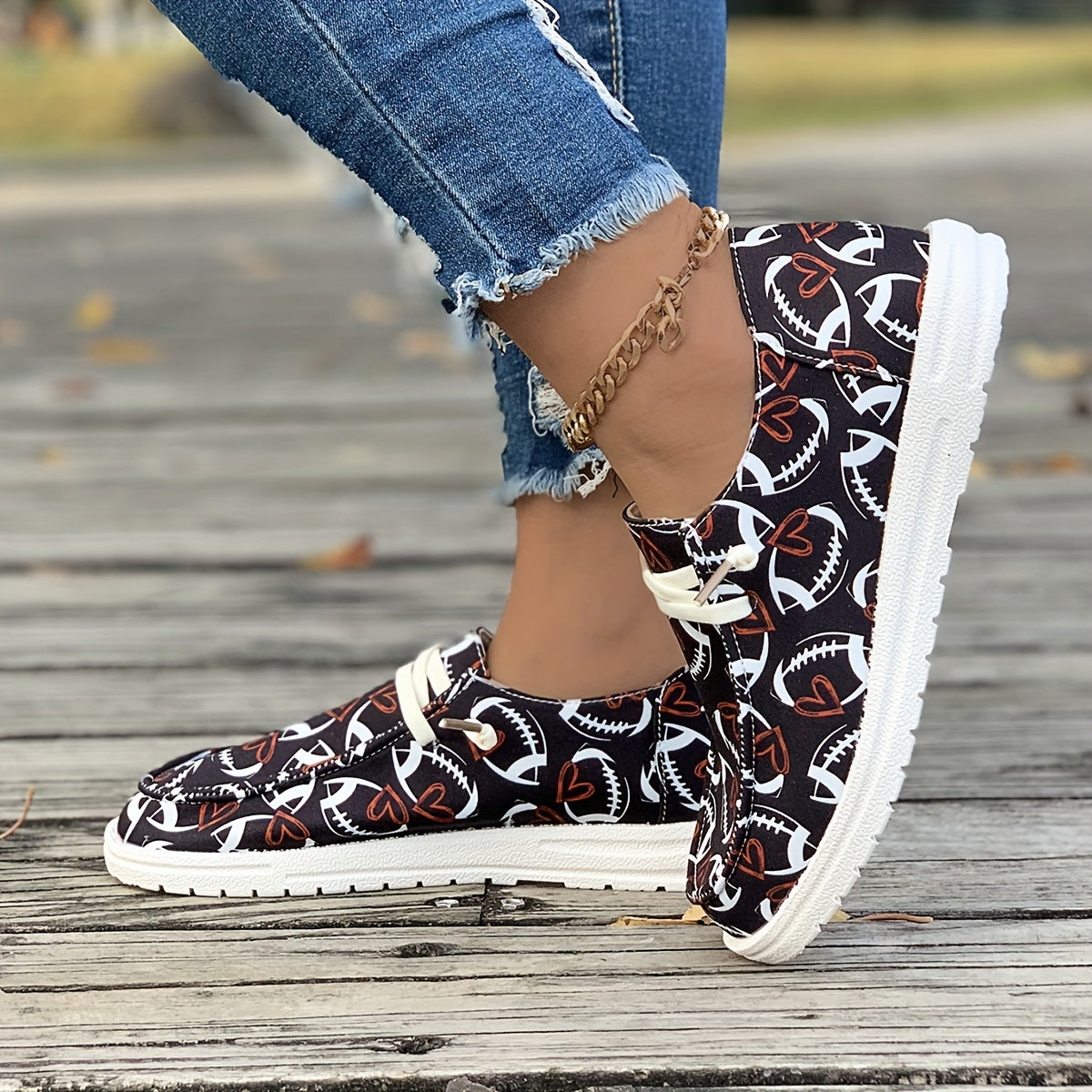 Women's Skateboard Shoes with Rugby Ball Love Heart Pattern