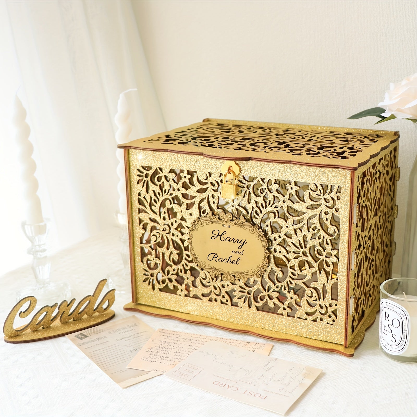 Golden Wedding Card Box Glittery Wooden DIY Envelope Coin Card Box