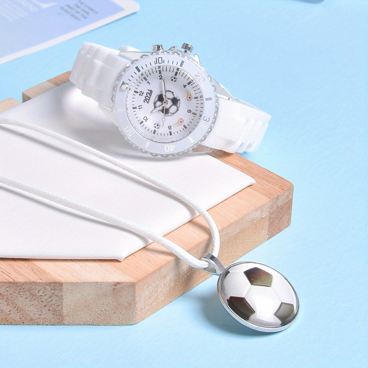 Boys Football Luminous Quartz Watches Set with Pendant Necklace