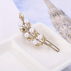 Alloy Hair Clip Golden Leaf Faux Pearl Headwear Bangs Clip