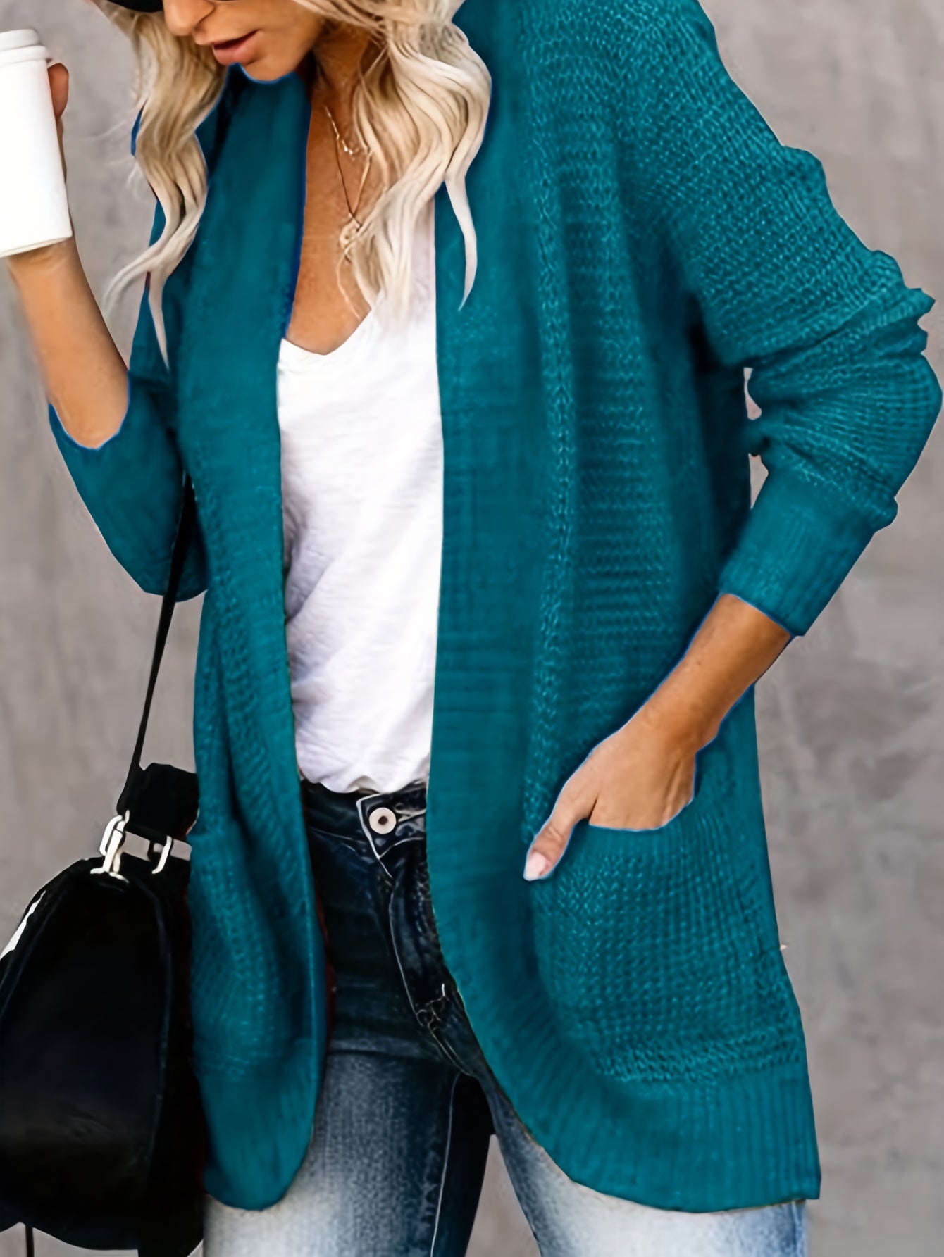  Open Front Long Sleeve Cardigan with Pockets