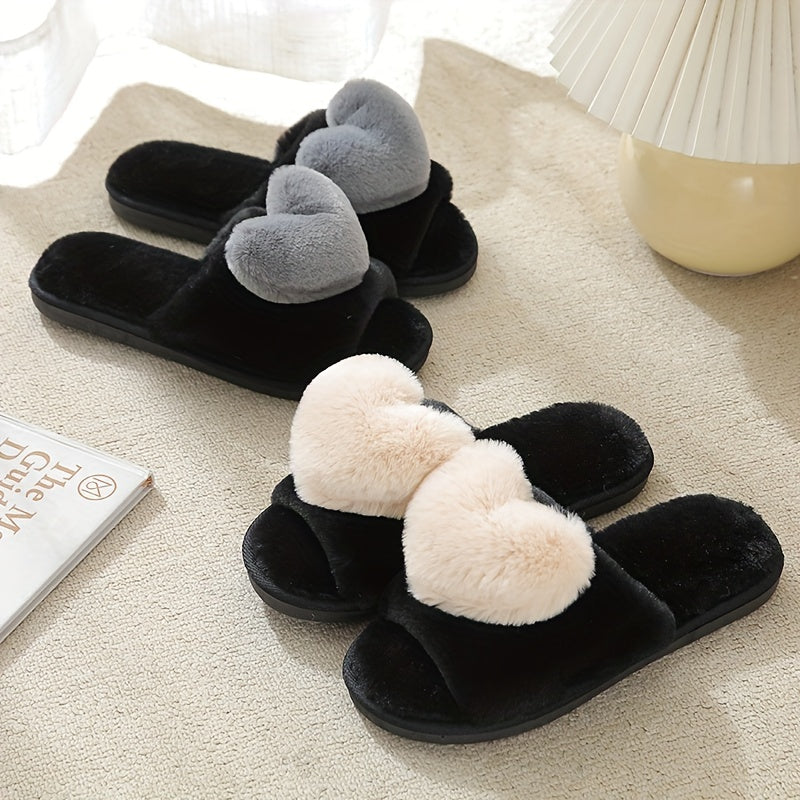 Plush Lined Heart Decor Slippers, Open Toe, Comfortable Indoor Shoes