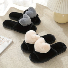 Plush Lined Heart Decor Slippers, Open Toe, Comfortable Indoor Shoes