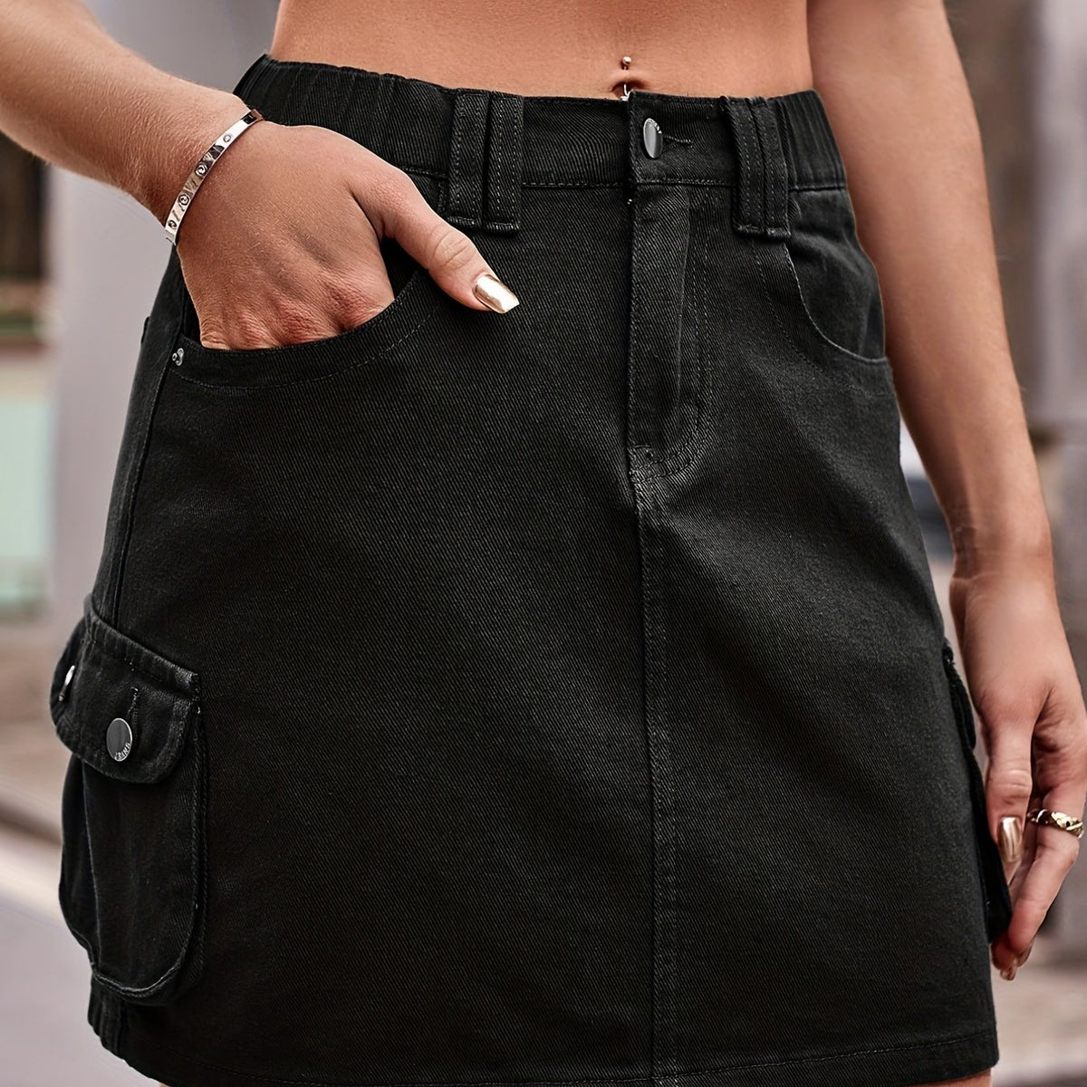 High Waist Denim Skirt Loose Fit High Rise Flap Pockets