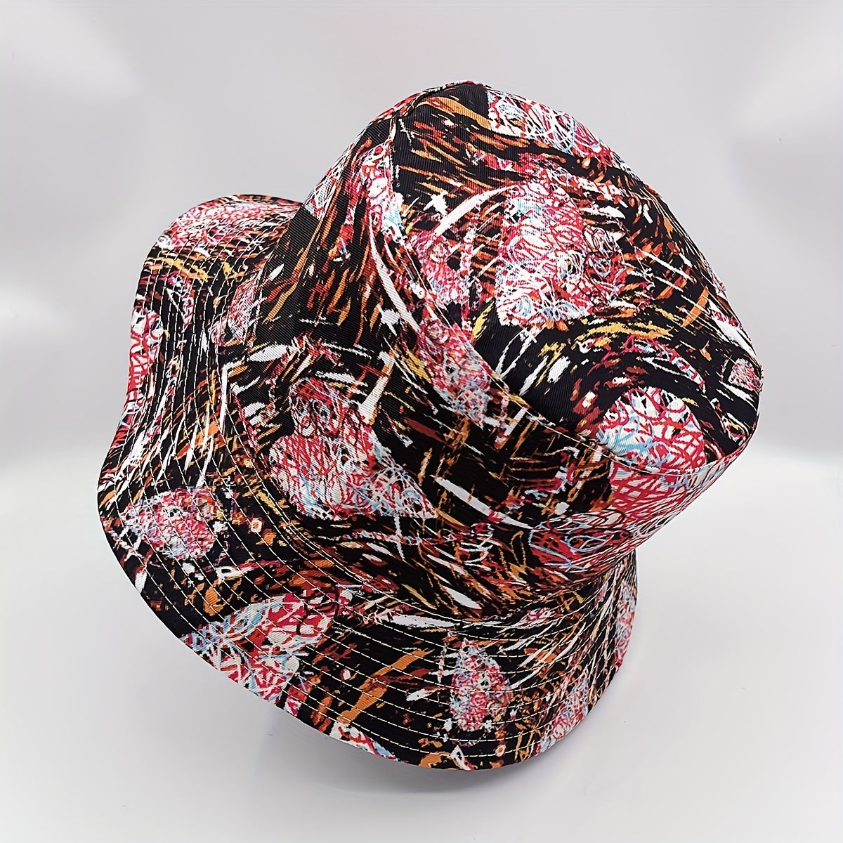 Graffiti Striped Print Bucket Hat Vintage Reversible Fisherman Cap Red Brown Sun