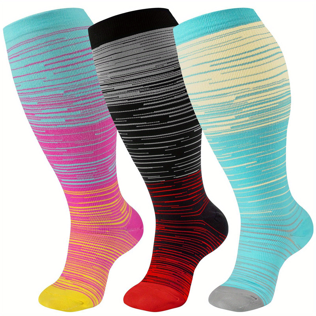 3 Pairs Plus Size Compression Socks 20-30 mmHg Knee High Support Stockings