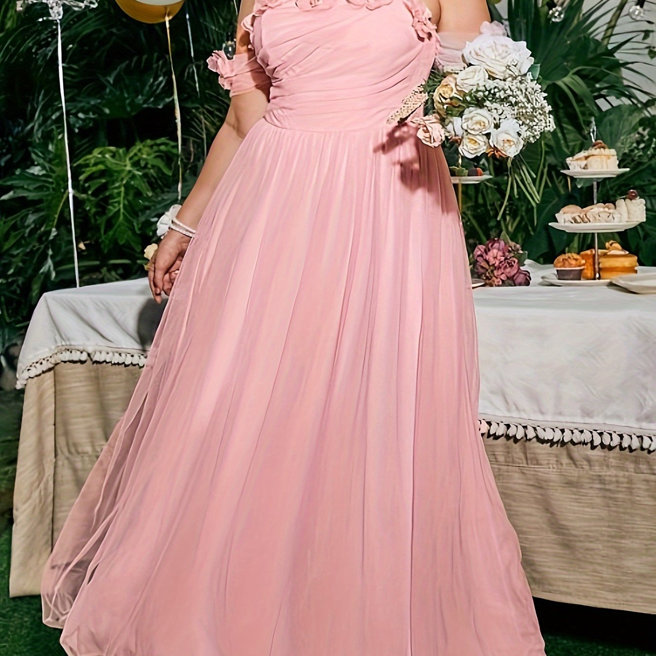  Mesh Off Shoulder Floral Maxi Bridesmaid Dress