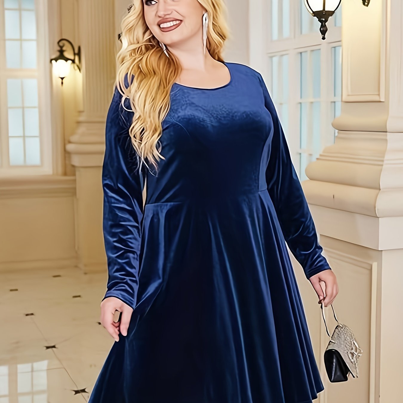 Women's Plus Velvet Long Sleeve Party Dress