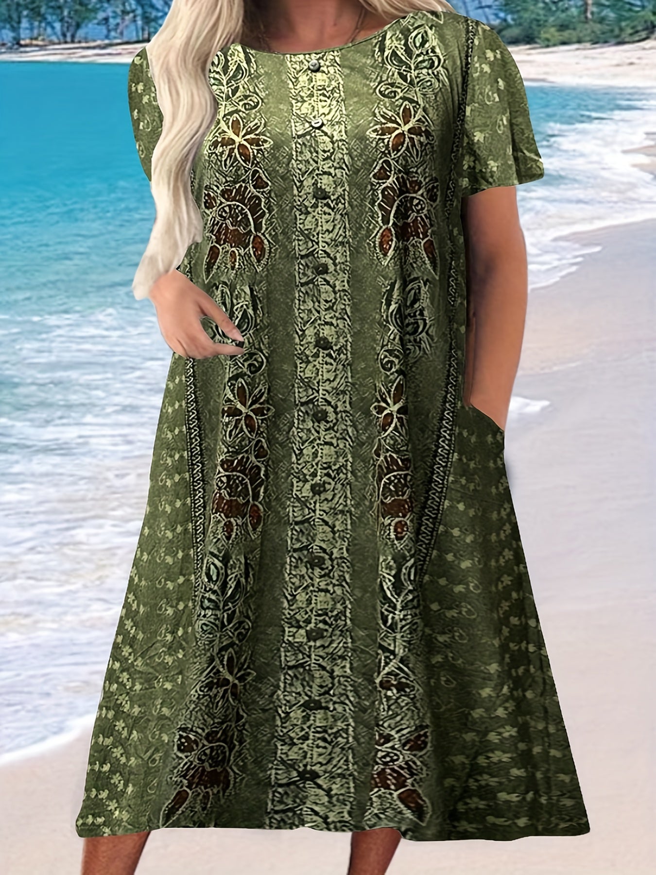 Floral Print Button Boho Dress with Pockets