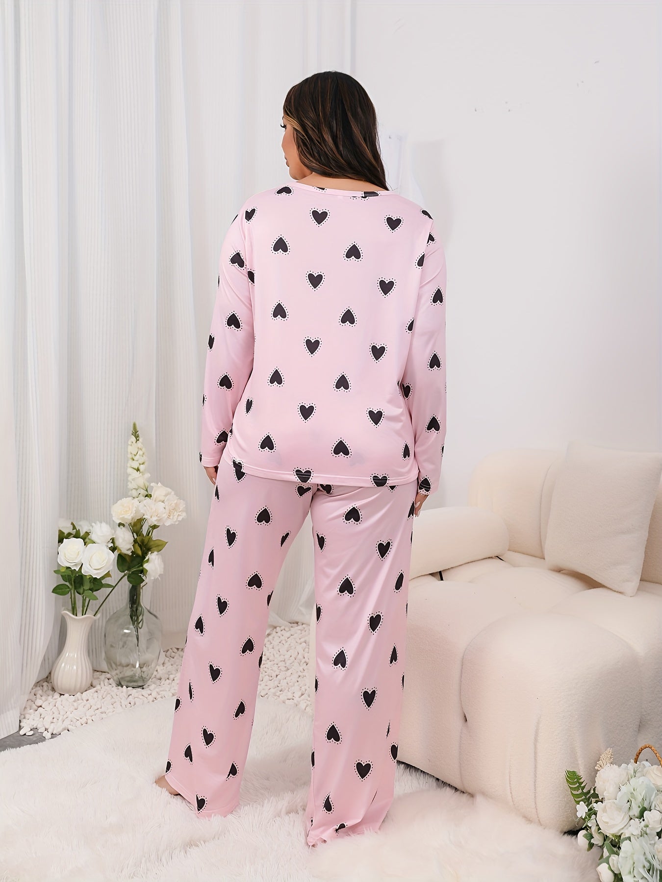  Heart Print Pajama Set - Long Sleeve Tee & Pants