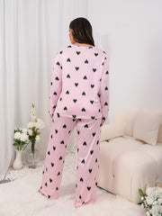  Heart Print Pajama Set - Long Sleeve Tee & Pants