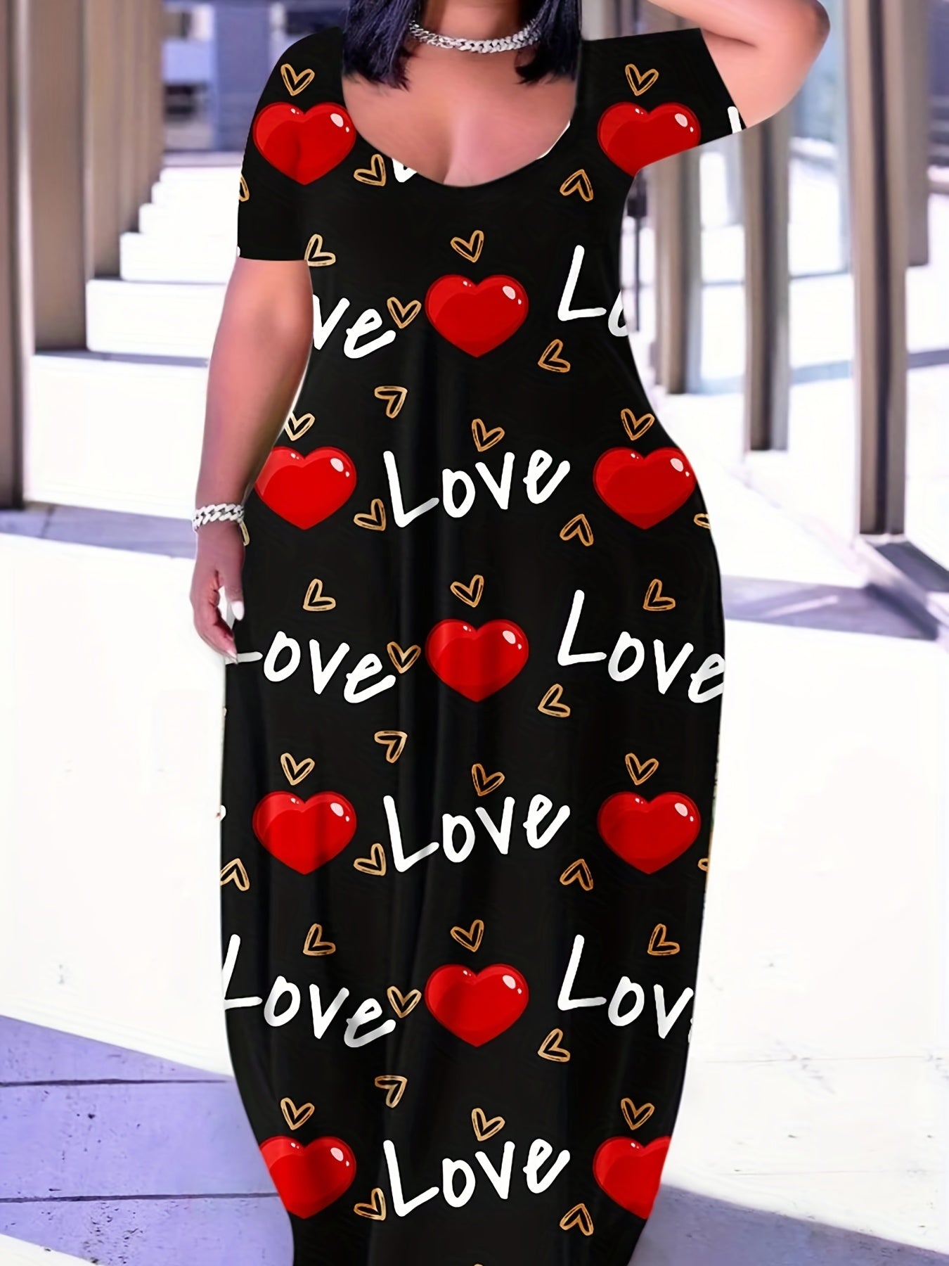  Casual Dress Women's Plus Letter & Heart Print Maxi Dress