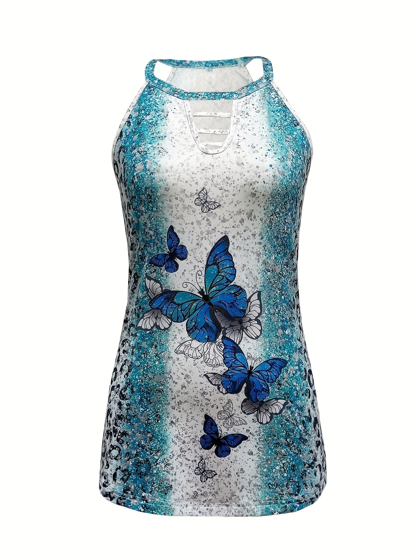Cutout Butterfly Print Halter Neck Top Sleeveless Summer Casual