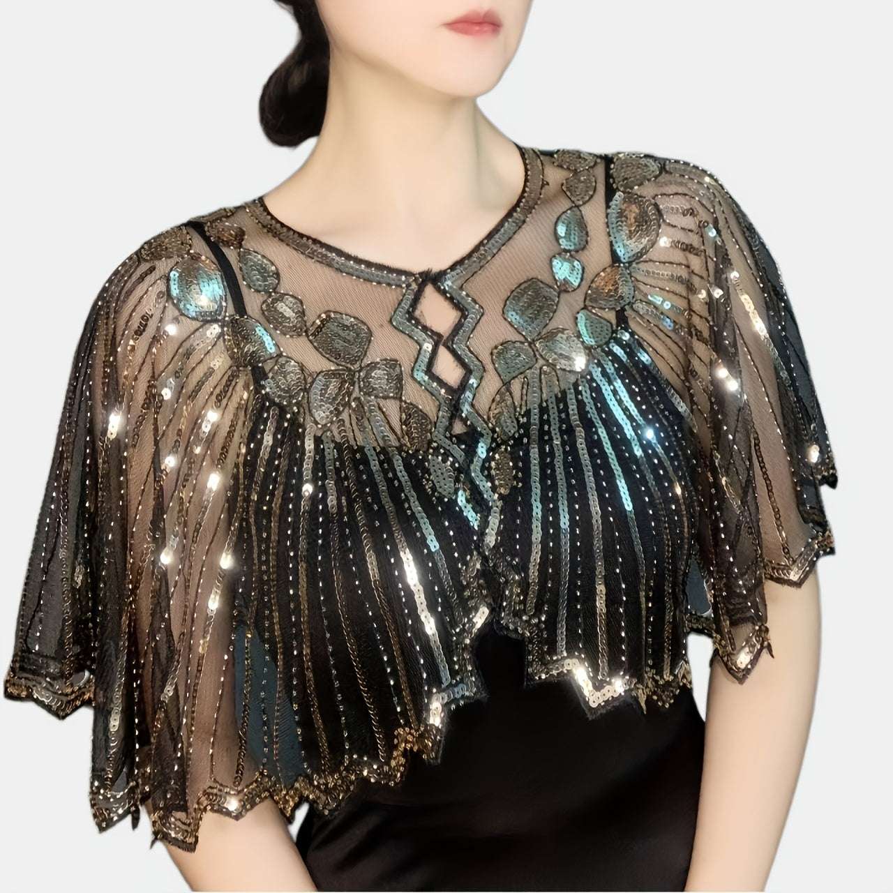 Sequin Beaded Embroidery Shawl Vintage Flapper Cape Mesh Dress Shawl