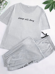  Letter Print Pajama Set Short Sleeve Top & Bow Knot Pants