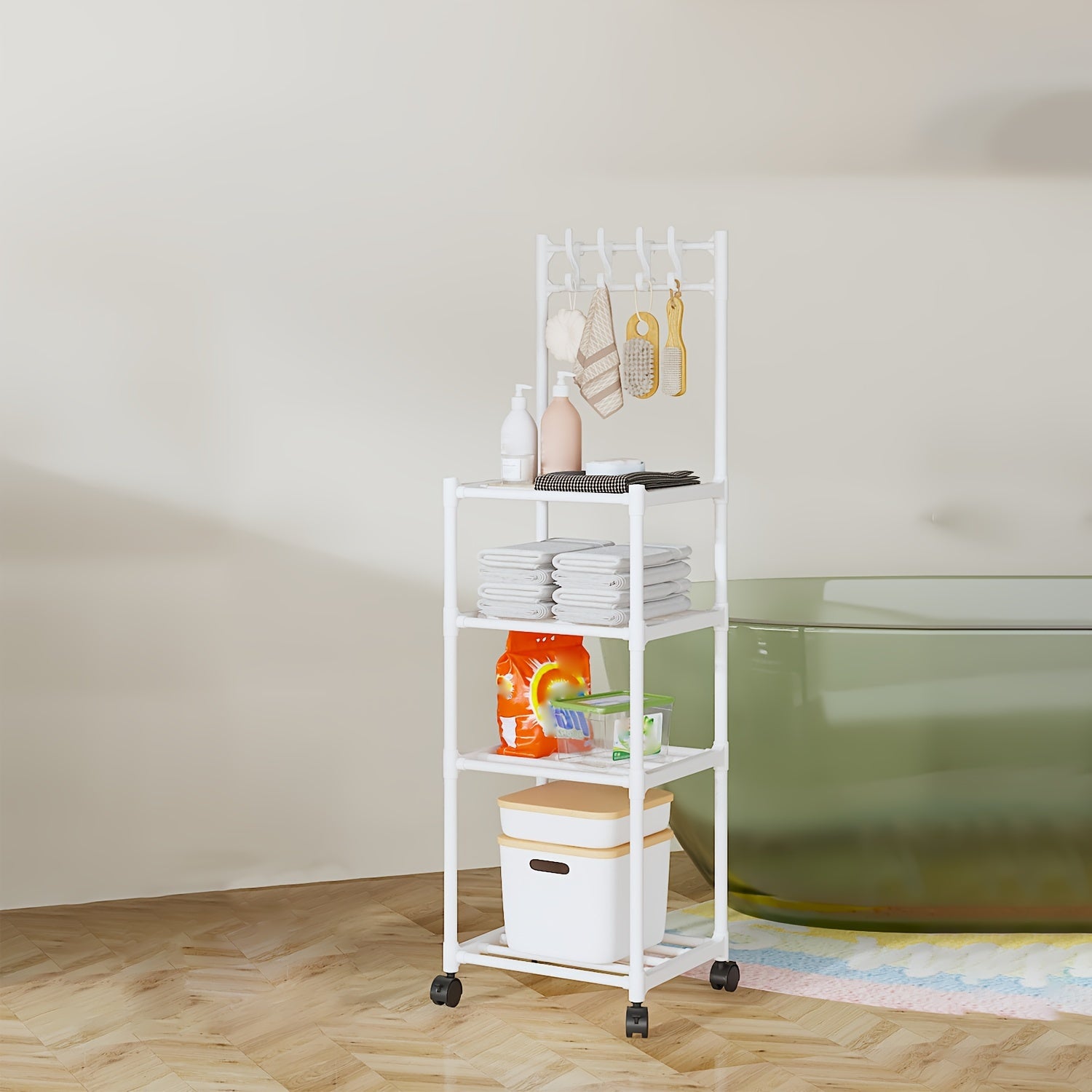 4 Layer Kitchen Storage Rack With Pulleys & Hooks Standing Rack