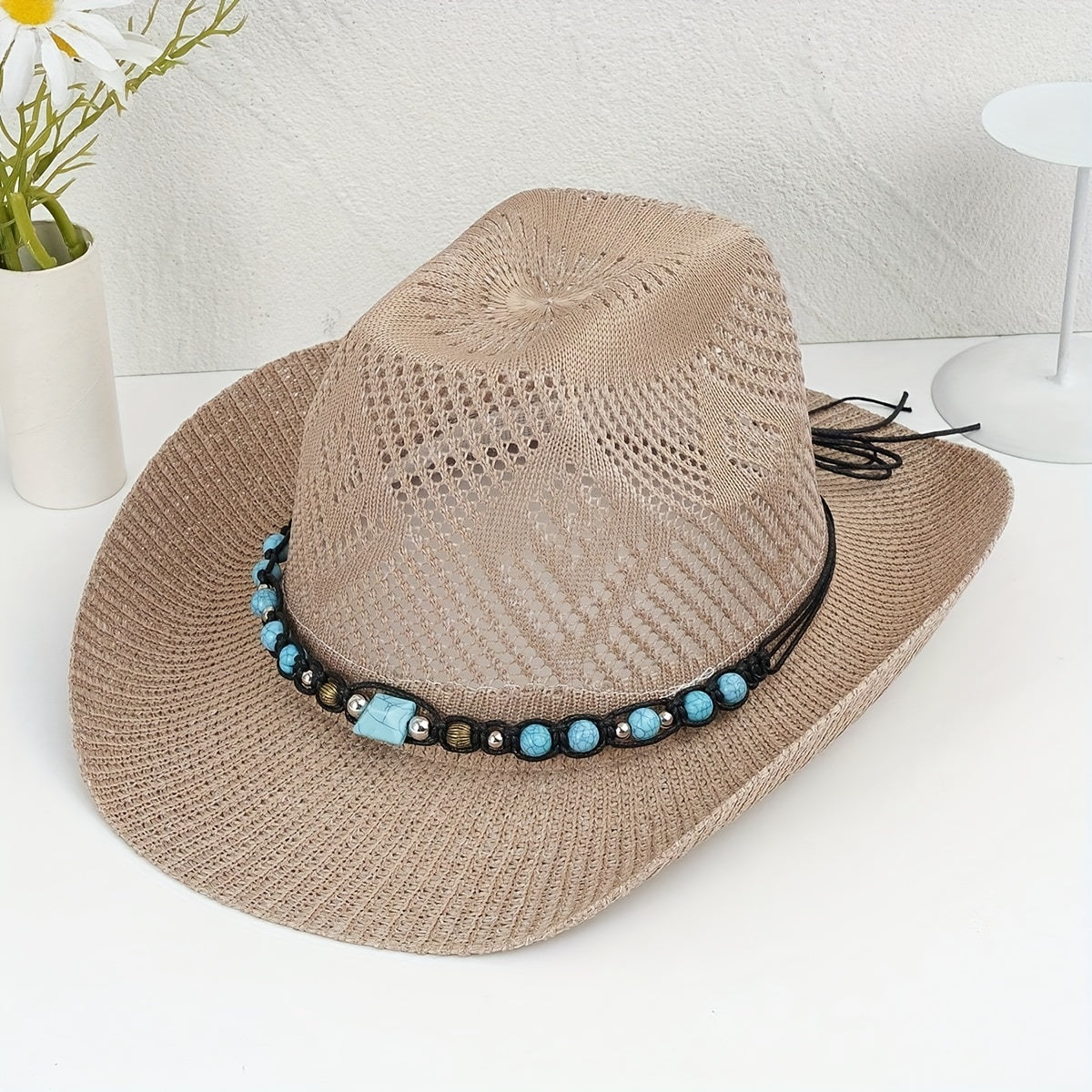 Turquoise Chain Cowboy Hat Wide Brim Travel Beach Sun Hats for Women