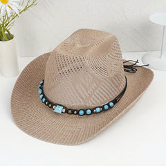 Turquoise Chain Cowboy Hat Wide Brim Travel Beach Sun Hats for Women