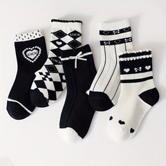 5pairs Girls Kids Heart Pattern Crew Socks for Children