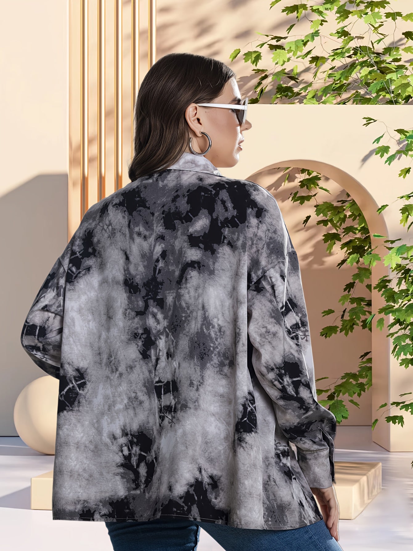  Tie Dye Button Up Lantern Sleeve Blouse