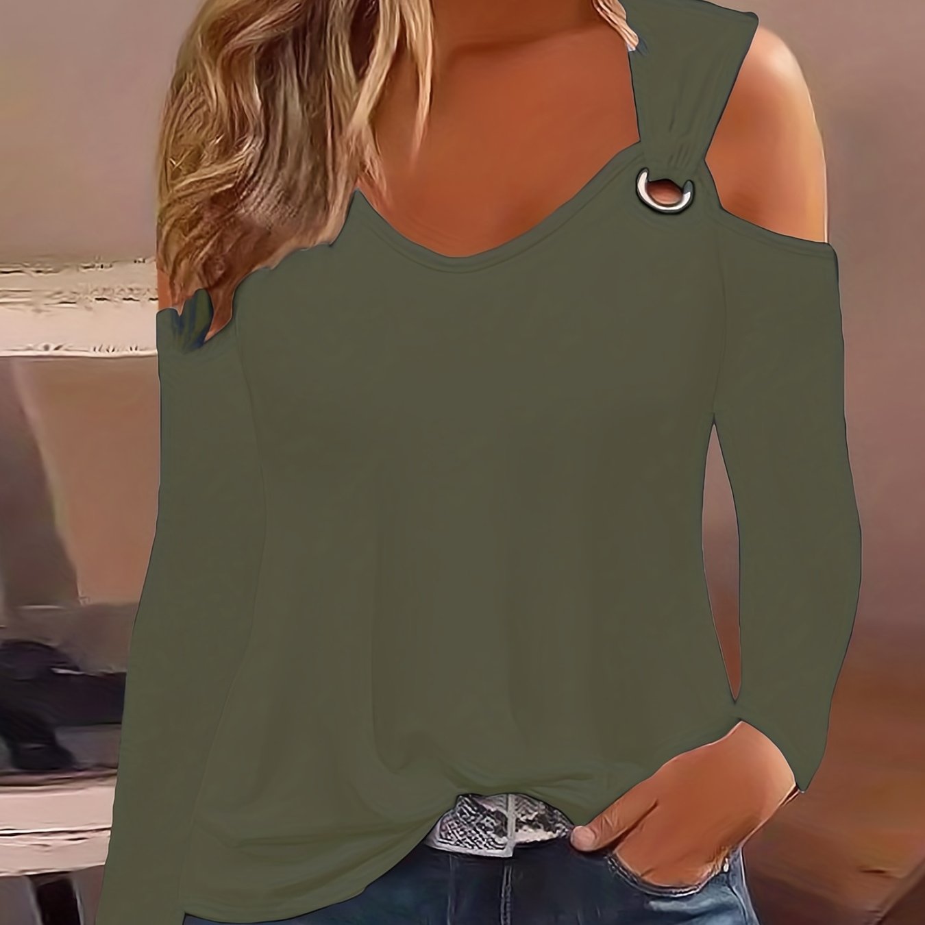  Solid Grommet Cold Shoulder Long Sleeve Top