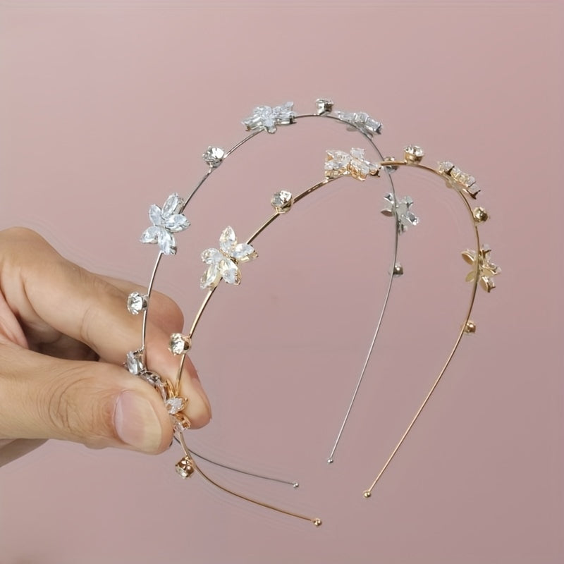 Rhinestone Flower Decor Headband Skinny Head Hoop Metal Headdress