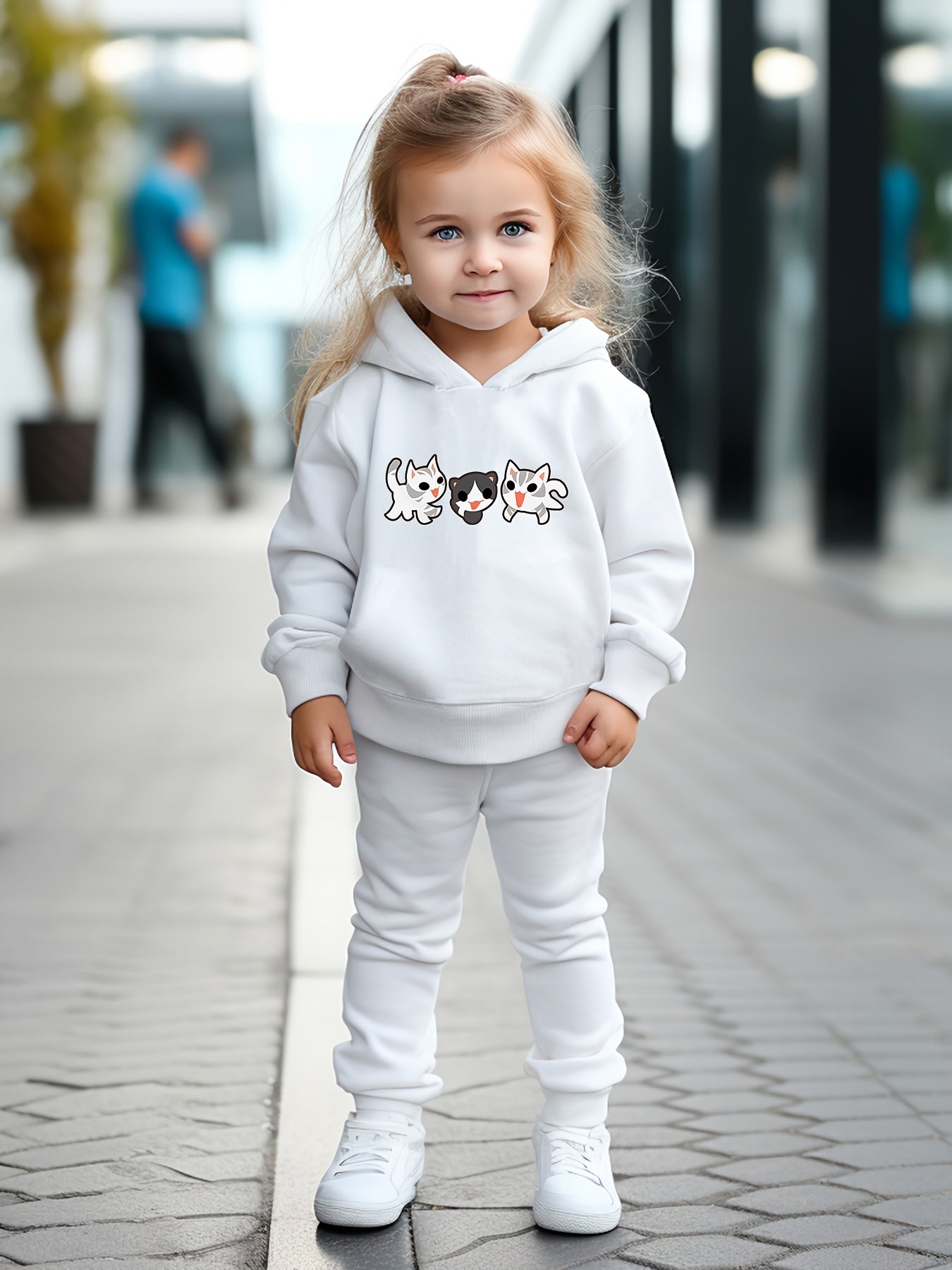 Cartoon Kitty Print Hoodies Pants Set For Spring Fall Sports
