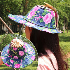 Vintage Floral Print Sun Hat, Bamboo Fan