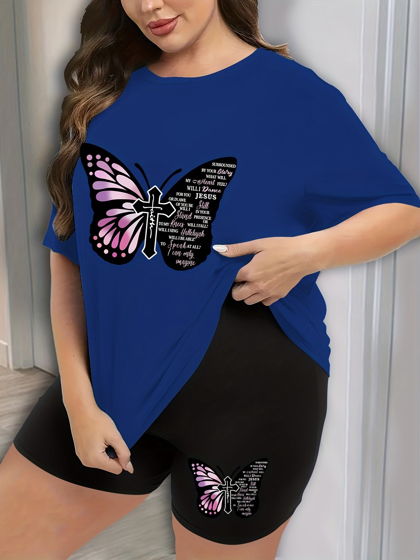  Butterfly Print Pajama Set Short Sleeve Tee & Shorts