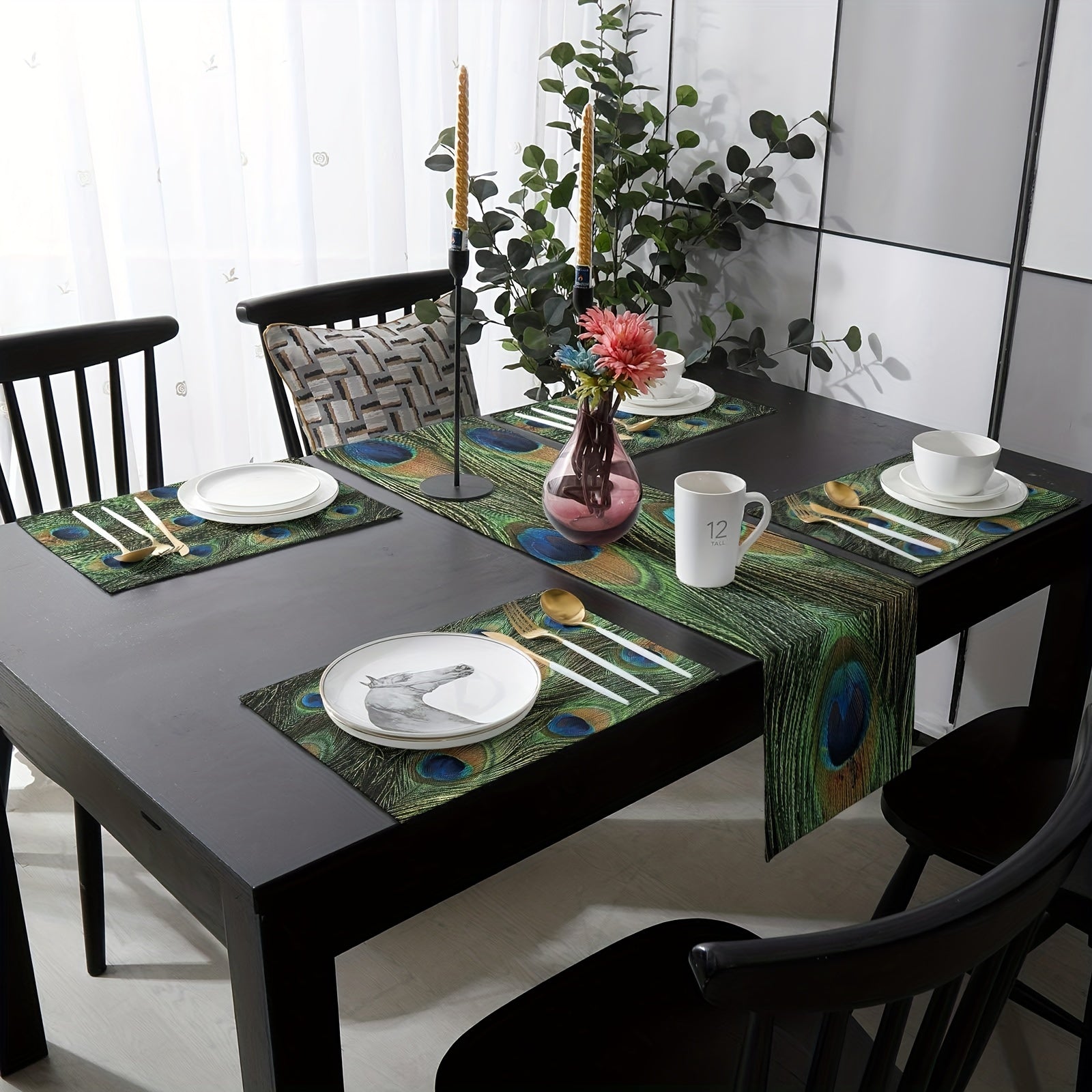 13x72 Inch Green Peacock Feather Linen Table Runner for Dining Room