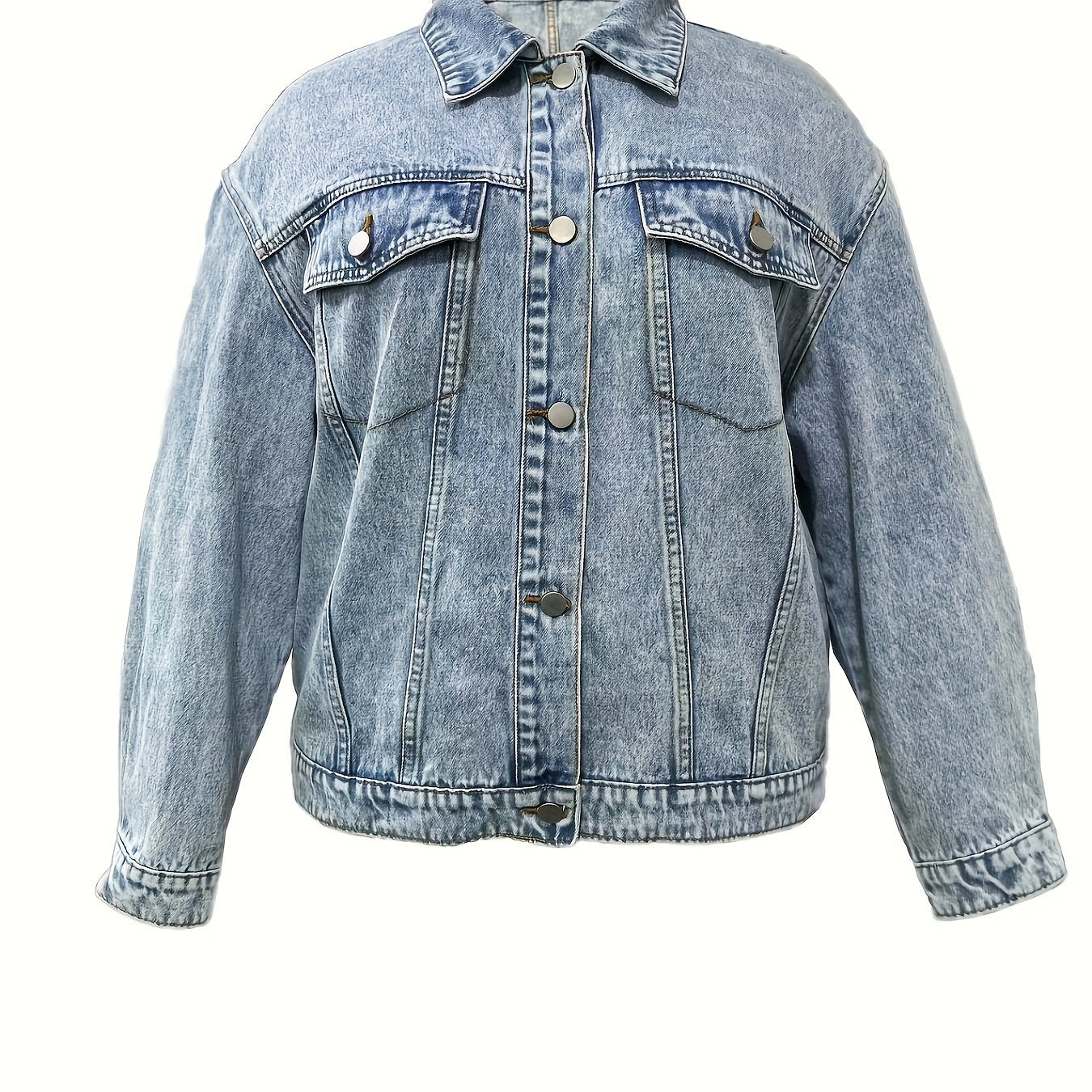  Solid Button Long Sleeve Denim Jacket