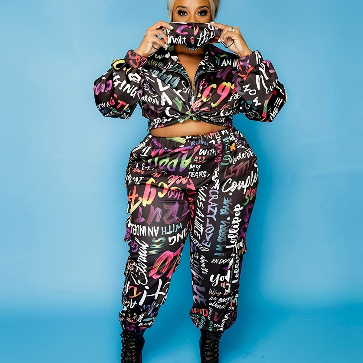  Graffiti Print Crop Top & Pants 2pcs Outfits