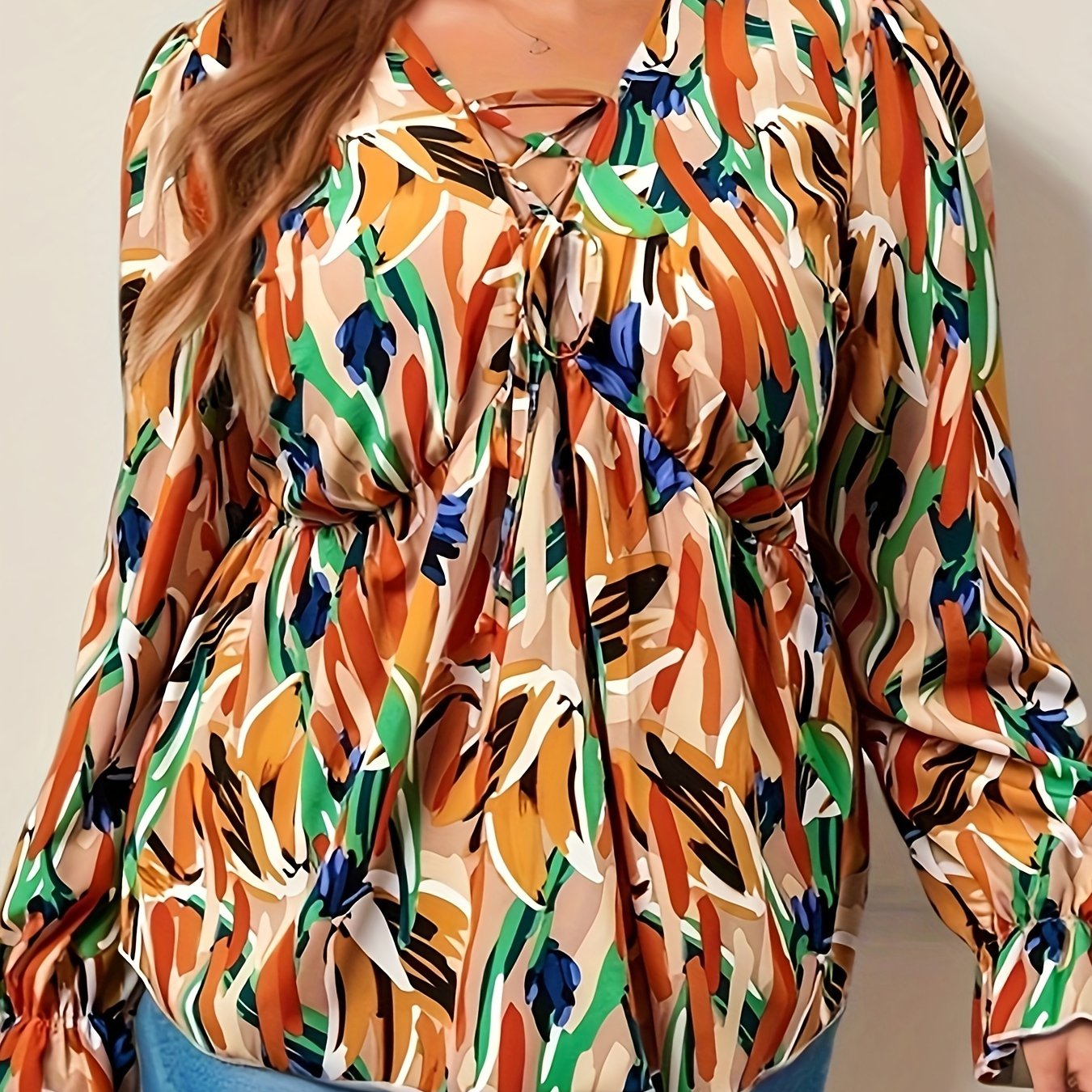  Casual Blouse Women's Plus Allover Print Lace Up Lantern Sleeve
