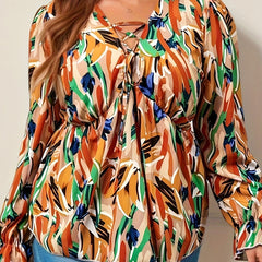  Casual Blouse Women's Plus Allover Print Lace Up Lantern Sleeve