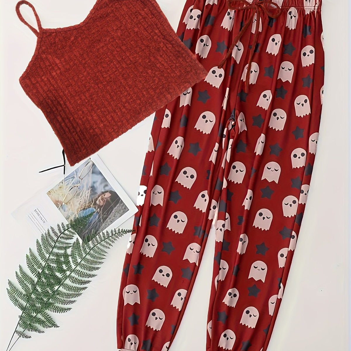  Halloween Pajama Set Women's Ribbed Knit Cami Top & Ghost Print Pants