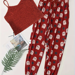  Halloween Pajama Set Women's Ribbed Knit Cami Top & Ghost Print Pants