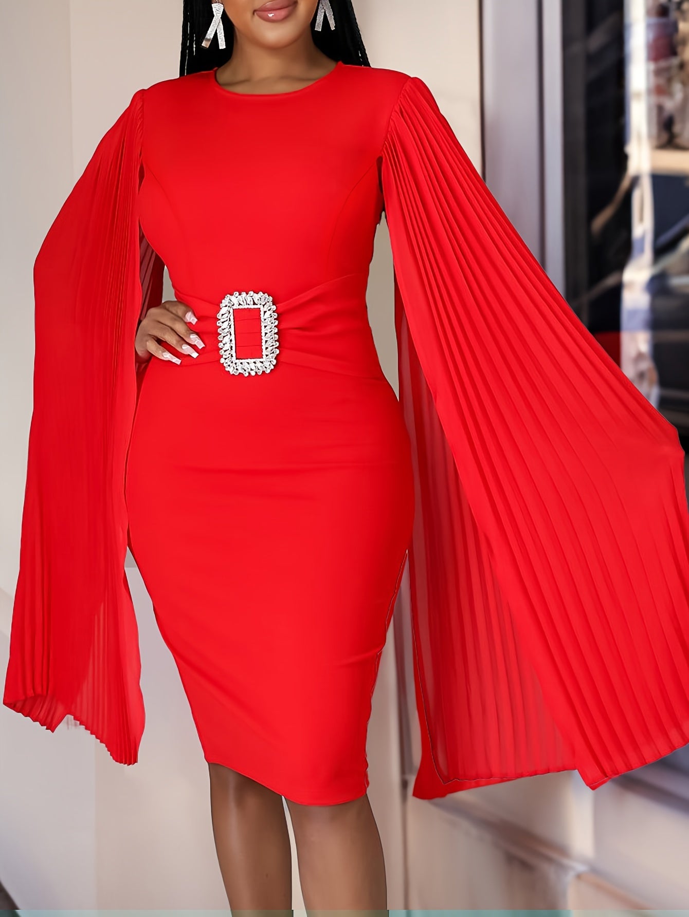 Women's Plus Cloak Sleeve Belted Pleated Formal Dress