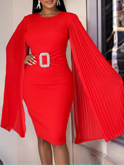 Women's Plus Cloak Sleeve Belted Pleated Formal Dress