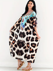  Leopard Print Bat Sleeve Split Cover Up Dress